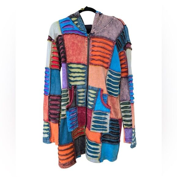 Women's 100% Cotton Hippie Patchwork Multi Color Tunic Zip Up Sweater Size XL - Picture 1 of 4